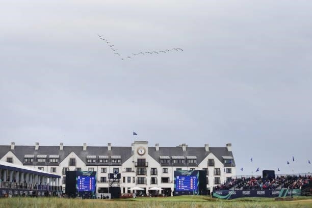 General view as birds fly over the eighteenth hole during Day Two of the AIG Women's Open at Carnoustie Golf Links on August 20, 2021 in Carnoustie,...