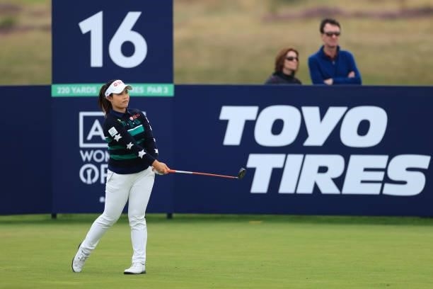 Moriya Jutanugarn of Thailand tees off on the sixteenth hole during Day Two of the AIG Women's Open at Carnoustie Golf Links on August 20, 2021 in...