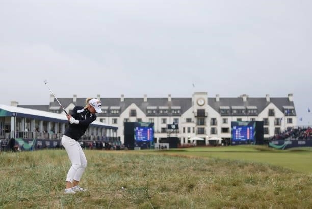 Madelene Sagstrom of Sweden plays her second shot on the eighteenth hole during Day Two of the AIG Women's Open at Carnoustie Golf Links on August...