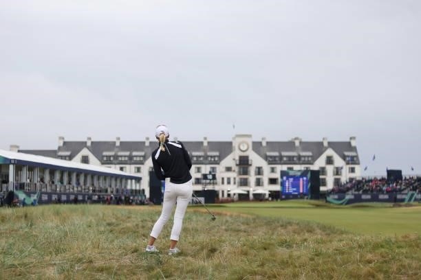Madelene Sagstrom of Sweden checks on her second shot on the eighteenth hole during Day Two of the AIG Women's Open at Carnoustie Golf Links on...