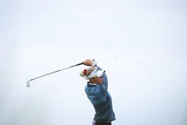 Nelly Korda of The United States tees off on the seventeenth hole during Day Two of the AIG Women's Open at Carnoustie Golf Links on August 20, 2021...