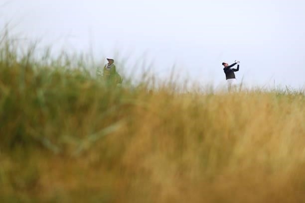 Madelene Sagstrom of Sweden plays her second shot on the eighteenth hole during Day Two of the AIG Women's Open at Carnoustie Golf Links on August...