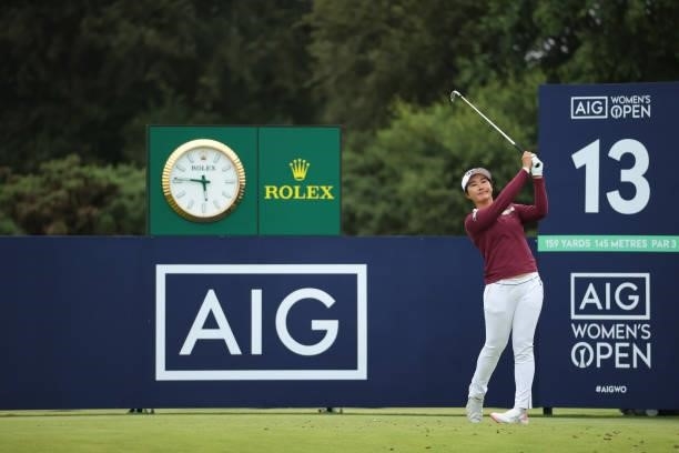 Su Oh of Australia tees off on the thirteenth hole during Day Two of the AIG Women's Open at Carnoustie Golf Links on August 20, 2021 in Carnoustie,...