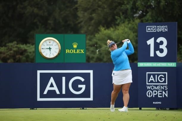 Alice Hewson of England tees off on the 13th hole during Day Two of the AIG Women's Open at Carnoustie Golf Links on August 20, 2021 in Carnoustie,...