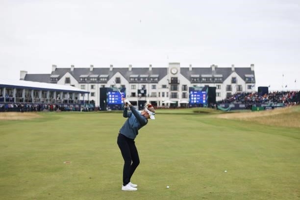 Nelly Korda of The United States plays her second shot on the eighteenth hole during Day Two of the AIG Women's Open at Carnoustie Golf Links on...