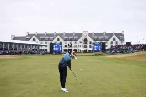 Nelly Korda of The United States plays her second shot on the eighteenth hole during Day Two of the AIG Women's Open at Carnoustie Golf Links on...
