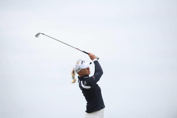 Madelene Sagstrom of Sweden tees off on the seventeenth hole during Day Two of the AIG Women's Open at Carnoustie Golf Links on August 20, 2021 in...