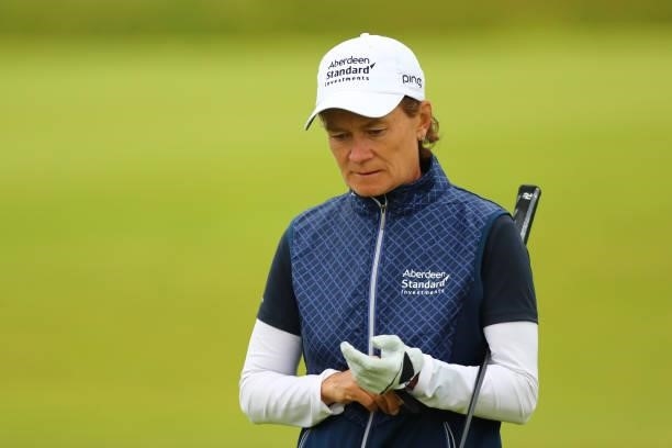 Catriona Matthew of Scotland walks to the seventeenth hole during Day Two of the AIG Women's Open at Carnoustie Golf Links on August 20, 2021 in...