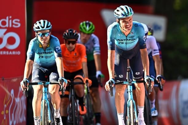Ion Izagirre Insausti of Spain and Luis Leon Sanchez Gil of Spain and Team Astana – Premier Tech react after crosses the finishing line the 76th Tour...
