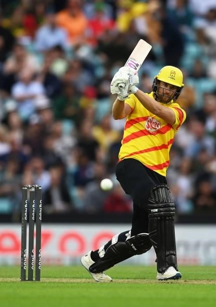 Dawid Malan of Trent Rockets Men plays a shot during the Eliminator match of The Hundred between Southern Brave Men and Trent Rockets Men at The Kia...
