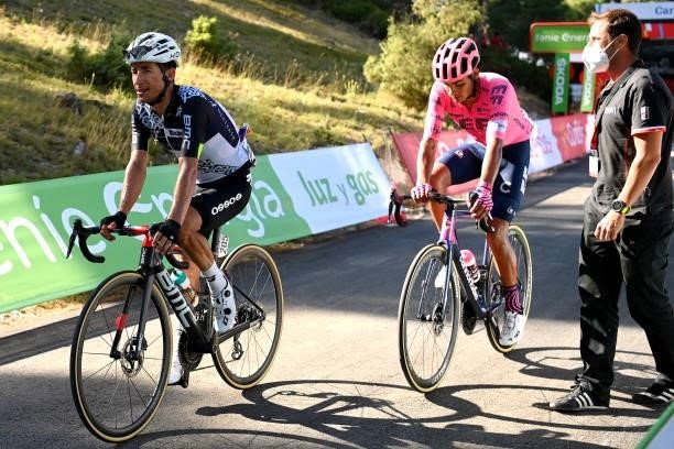 Sergio Henao Montoya of Colombia and Team Qhubeka Nexthash and Diego Andres Camargo Pineda of Colombia and Team EF Education - Nippo reacts after...