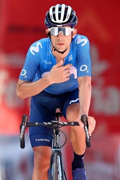 Nelson Oliveira of Portugal and Movistar Team reacts after crosses the finishing line the 76th Tour of Spain 2021, Stage 7 a 152km stage from Gandía...