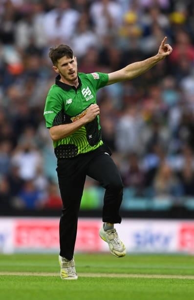 George Garton of Southern Brave Men celebrates after taking the wicket of Dawid malan of Trent Rockets Men during the Eliminator match of The Hundred...