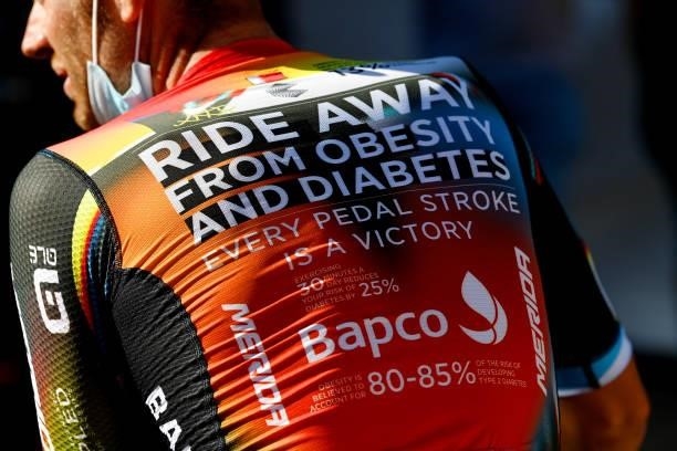 Detailed view of Team Bahrain Victorious jersey during the team presentation prior to the 76th Tour of Spain 2021, Stage 7 a 152km stage from Gandía...