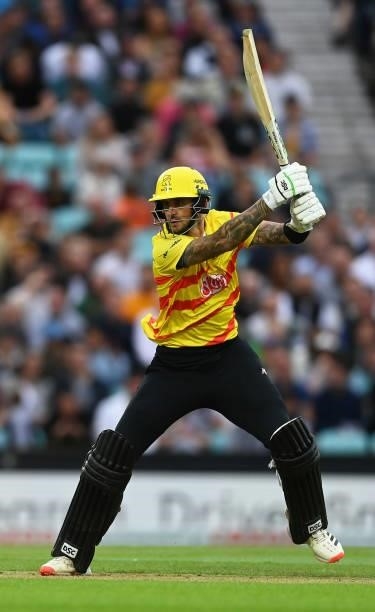 Alex Hales of Trent Rockets Men plays a shot during the Eliminator match of The Hundred between Southern Brave Men and Trent Rockets Men at The Kia...