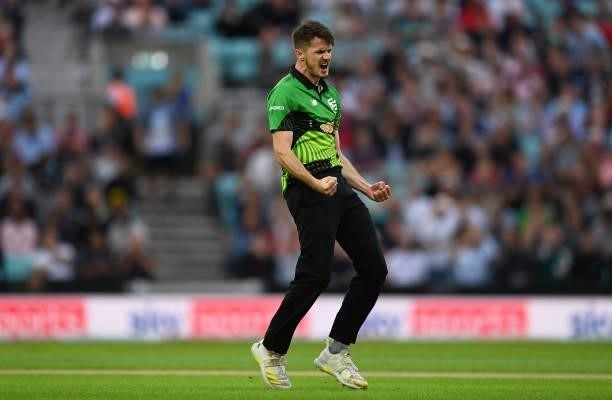 George Garton of Southern Brave Men celebrates after taking the wicket of Alex Hales of Trent Rockets Men during the Eliminator match of The Hundred...