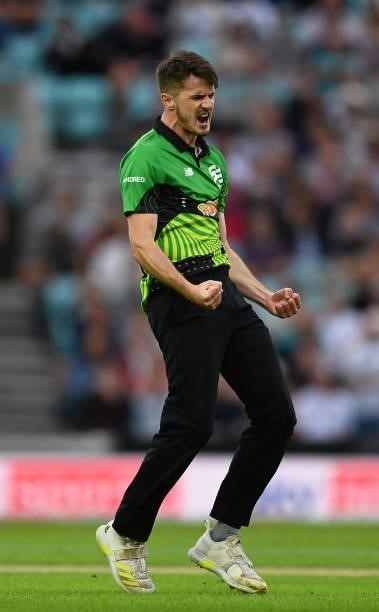George Garton of Southern Brave Men celebrates after taking the wicket of Alex Hales of Trent Rockets Men during the Eliminator match of The Hundred...