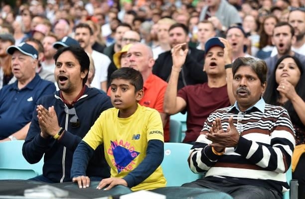 Fans react in the crowd during the Eliminator match of The Hundred between Southern Brave Men and Trent Rockets Men at The Kia Oval on August 20,...