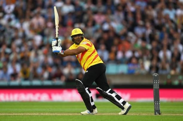 Samit Patel of Trent Rockets Men plays a shot during the Eliminator match of The Hundred between Southern Brave Men and Trent Rockets Men at The Kia...