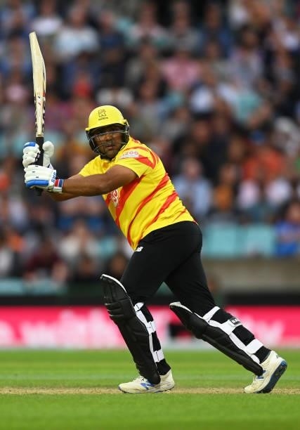 Samit Patel of Trent Rockets Men plays a shot during the Eliminator match of The Hundred between Southern Brave Men and Trent Rockets Men at The Kia...