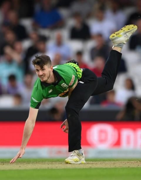 Brave bowler George Garton in full flight during the Eliminator match of The Hundred between Southern Brave Men and Trent Rockets Men at The Kia Oval...