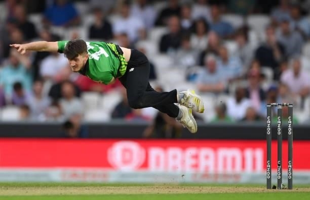Brave bowler George Garton in full flight during the Eliminator match of The Hundred between Southern Brave Men and Trent Rockets Men at The Kia Oval...