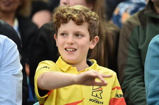Young Trent Rockets fan reacts in the crowd during the Eliminator match of The Hundred between Southern Brave Men and Trent Rockets Men at The Kia...