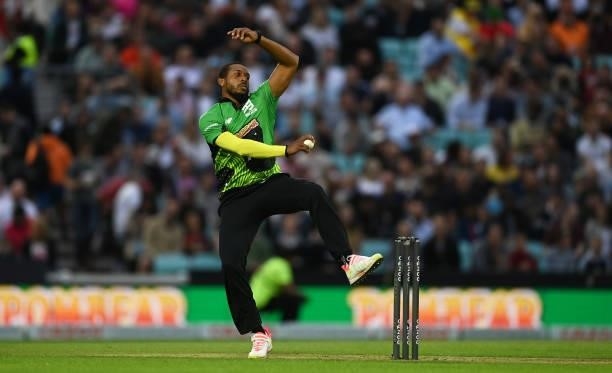 Chris Jordan of Southern Brave Men in bowling action during the Eliminator match of The Hundred between Southern Brave Men and Trent Rockets Men at...