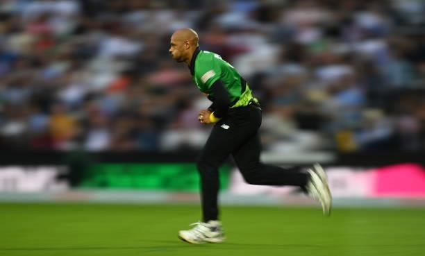 Tymal Mills of Southern Brave Men in bowling action during the Eliminator match of The Hundred between Southern Brave Men and Trent Rockets Men at...