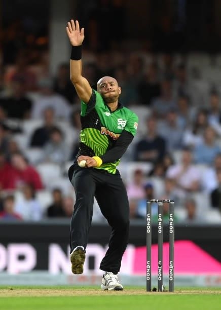 Brave bowler Tymal Mills in bowling action during the Eliminator match of The Hundred between Southern Brave Men and Trent Rockets Men at The Kia...