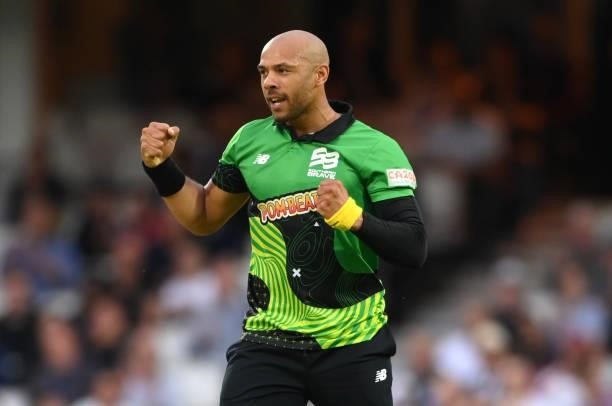 Brave bowler Tymal Mills in celebrates after taking the wicket of Lewis Gregory during the Eliminator match of The Hundred between Southern Brave Men...