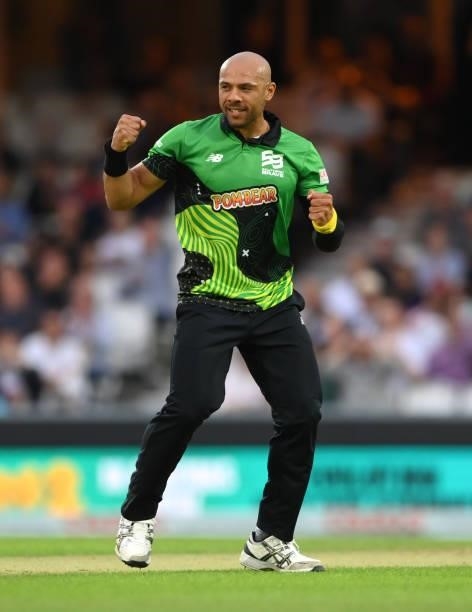 Brave bowler Tymal Mills in celebrates after taking the wicket of Lewis Gregory during the Eliminator match of The Hundred between Southern Brave Men...