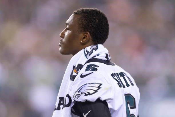 DeVonta Smith of the Philadelphia Eagles looks on against the New England Patriots in the preseason game at Lincoln Financial Field on August 19,...