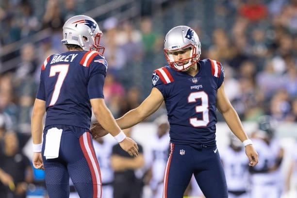 Jake Bailey and Quinn Nordin of the New England Patriots react against the Philadelphia Eagles in the preseason game at Lincoln Financial Field on...