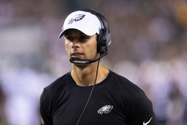 Defensive coordinator Jonathan Gannon of the Philadelphia Eagles looks on against the New England Patriots in the second half of the preseason game...