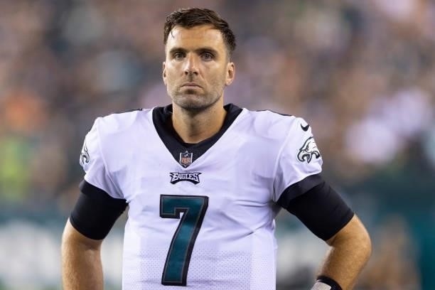 Joe Flacco of the Philadelphia Eagles looks on against the New England Patriots in the preseason game at Lincoln Financial Field on August 19, 2021...