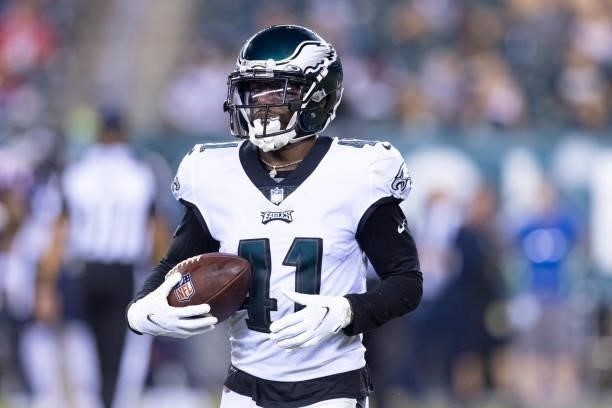 Kevon Seymour of the Philadelphia Eagles looks on against the New England Patriots in the preseason game at Lincoln Financial Field on August 19,...