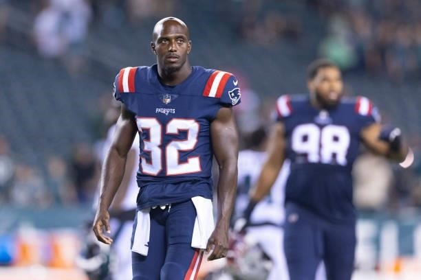 Devin McCourty of the New England Patriots looks on against the Philadelphia Eagles in the preseason game at Lincoln Financial Field on August 19,...