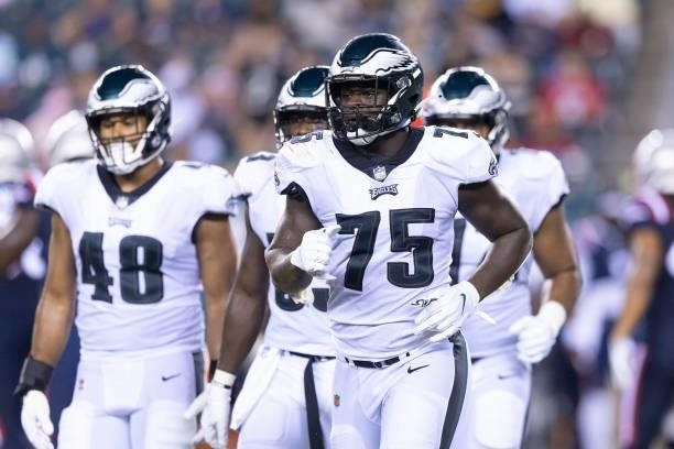 Tarron Jackson of the Philadelphia Eagles looks on against the New England Patriots in the preseason game at Lincoln Financial Field on August 19,...