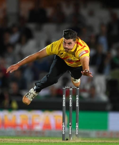Rockets bowler Marchant de Lange in bowling action during the Eliminator match of The Hundred between Southern Brave Men and Trent Rockets Men at The...