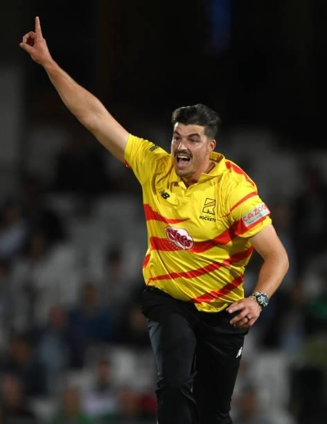 Rockets bowler Marchant de Lange celebrates a wicket during the Eliminator match of The Hundred between Southern Brave Men and Trent Rockets Men at...