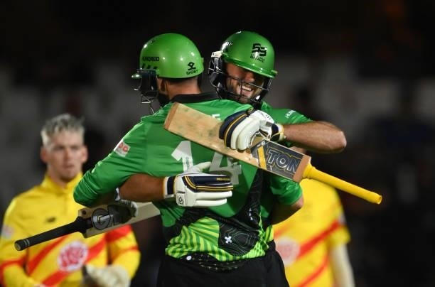 Brave batter James Vince and Ross Whiteley celebrate the winning runs during the Eliminator match of The Hundred between Southern Brave Men and Trent...