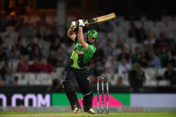 Brave batter Ross Whiteley hits out during the Eliminator match of The Hundred between Southern Brave Men and Trent Rockets Men at The Kia Oval on...