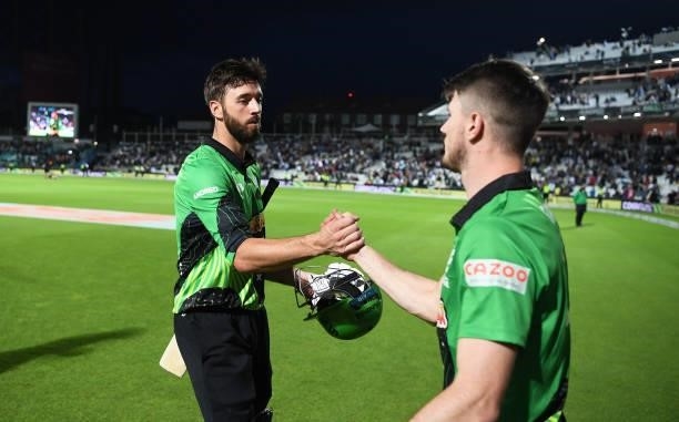 James Vince and George Garton of Southern Brave Men celebrate following the Eliminator match of The Hundred between Southern Brave Men and Trent...