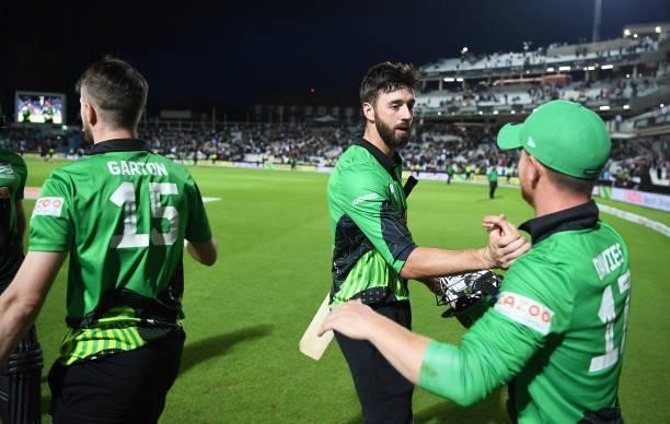James Vince and Alex Davies of Southern Brave Men celebrate following the Eliminator match of The Hundred between Southern Brave Men and Trent...