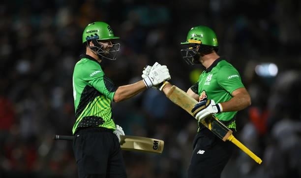 James Vince and Ross Whiteley of Southern Brave Men celebrate following the Eliminator match of The Hundred between Southern Brave Men and Trent...