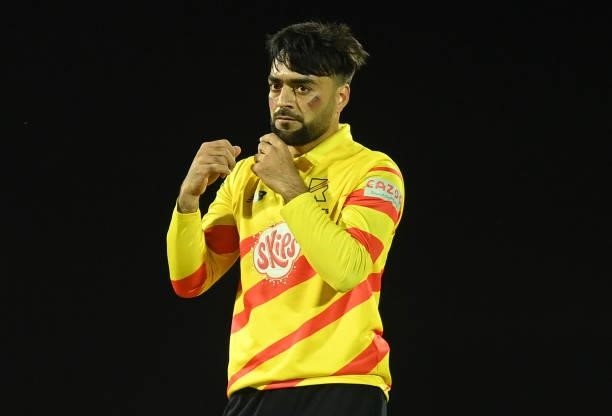 Rashid Khan of Trent Rockets looks on during the Eliminator match of The Hundred between Southern Brave Men and Trent Rockets Men at The Kia Oval on...