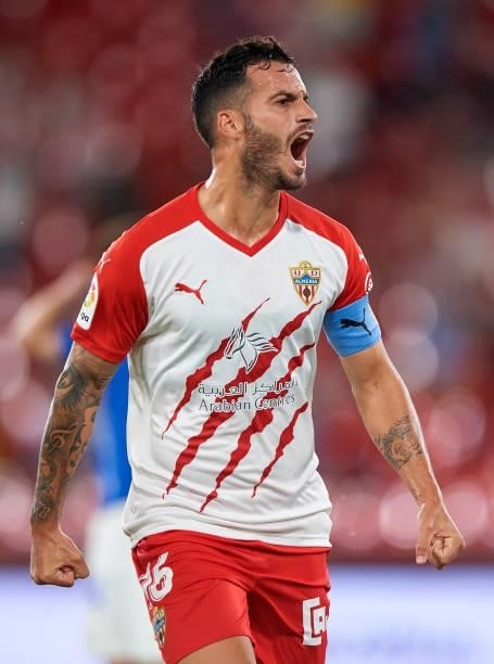 Jose Carlos Lazo Romero of UD Almeria celebrates after scoring his team's first goal during the LaLiga Smartbank match between UD Almería and Real...