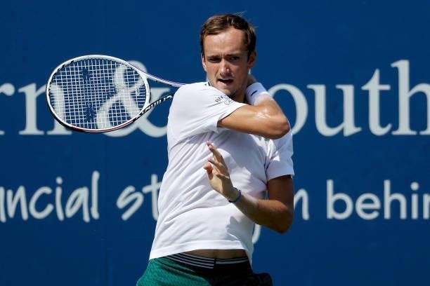 Daniil Medvedev of Russia plays a forehand during his match against Pablo Carreno Busta of Spain during Western & Southern Open - Day 6 at the...
