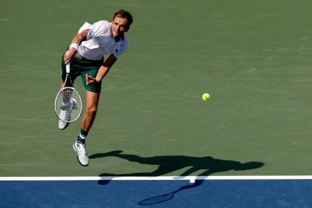 Daniil Medvedev of Russia serves to Pablo Carreno Busta of Spain during the Western & Southern Open at Lindner Family Tennis Center on August 20,...
